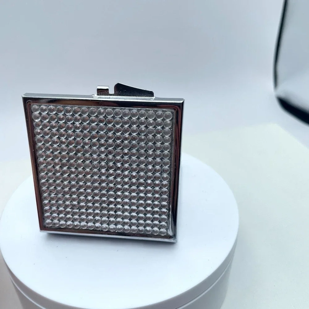 Classic Silver-Tone Rhinestones Embellished Square Compact Pocket Makeup Mirror